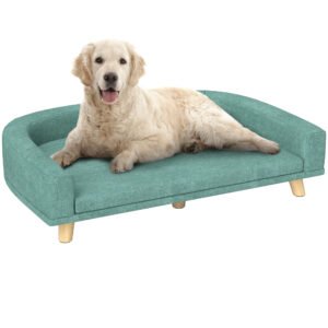 PawHut Canapea Elegantă pentru Animale de Companie, Pat Înălțat cu Pernă Moale, Cadru din Lemn, Verde, 98x67x25cm | Aosom Romania