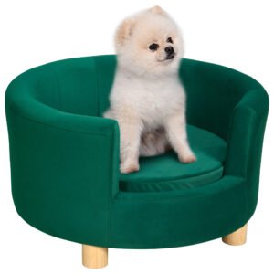 PawHut Canapea Verde Luxoasă pentru Câini, cu Spătar și Pernă Detașabilă, 65x64x37 cm | Aosom Romania