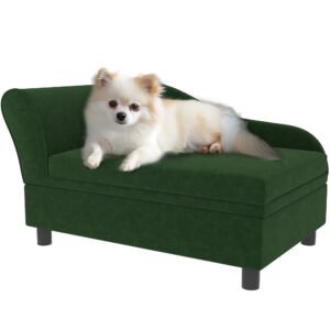 PawHut Canapea câini pisici pe picioare cu depozitare stil modern perne de șezut detașabile 76 x 45 x 43 cm verde | Aosom Romania