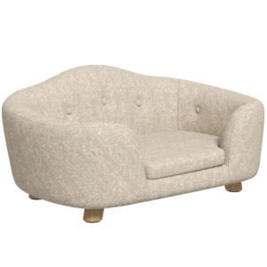PawHut Canapea pentru animale de companie, Pat pentru câini, Canapea pentru câini, Canapea pentru pisici cu pernă și buzunar posterior, Pluș, Spumă, Lemn de pin, Crem, 70 x 47 x 30 cm | Aosom Romania