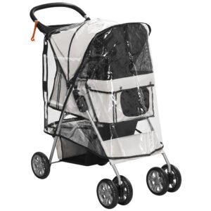 PawHut Cărucior Pliabil pentru Câini până la 10 kg cu Copertină Împotriva Ploii, 75x45x97 cm, Gri | Aosom Romania