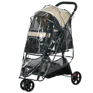 PawHut Cărucior pentru Câini cu 3 Roți, Cărucior Pliant cu Husă de Ploaie, Coș și Curea, 80,5x51,5x100 cm, Kaki | Aosom Romania