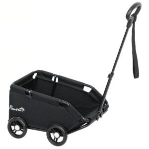 PawHut Cărucior pentru câini, cărucior pentru căței pliabil cu 4 roți cu tija de împingere reglabilă 53 x 45 x 28 cm negru | Aosom Romania