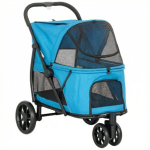 PawHut Cărucior pentru câini pliabil cu 3 roți Ferestre din plasă Pernă lavabilă Off-road Capacitate 20 kg 92x63x95 cm Albastru | Aosom Romania