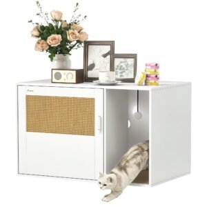 PawHut Casa de toaletă pentru pisici mobilier litieră pentru pisici saltea zgâriere ușă cu mâner stil boem 80 x 50 x 50 cm alb | Aosom Romania