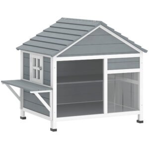 PawHut Casă pentru Pisici Exterioară cu Acoperiș Deschizabil, Fereastră Panoramică, Ușă cu Obloane și Platformă de Odihnă 101x72,5x81cm Gri | Aosom Romania