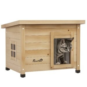 PawHut Casa pentru pisici adăpost exterior din lemn ridicată, cu acoperiș asfalt, fereastră, 57 x 45 x 43 cm galben | Aosom Romania