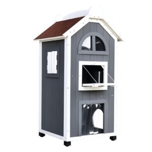 PawHut Casa pentru pisici cu pat sau litieră pentru pisici, dulap pentru pisici, toaletă pentru pisici în interior, lemn de brad, acoperiș de asfalt, Gri, 59 x 55 x 109 cm | Aosom Romania