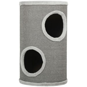 PawHut Cilindru de zgâriat, înălțime 60 cm Ø 35 cm, model cu două nivele și 2 bârloguri, margine din pluș, pentru 1-2 pisici până la 5 kg, gri deschis | Aosom Romania