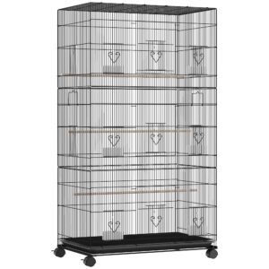 PawHut Colivie Mare pentru Păsări cu Roți 6 Hrănitoare Tavă Detașabilă Uși Multiple 3 Bârne 77x46,5x141 cm Negru | Aosom Romania