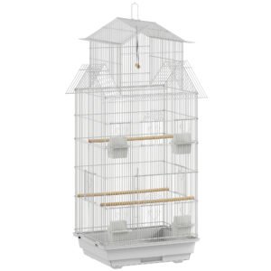 PawHut Colivie din oțel pentru păsări cu hrănițoare, bețe, leagăn și tavă detașabilă 50,5x41x104 cm Alb | Aosom Romania