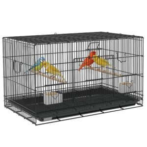 PawHut Colivie pentru Păsări 77x46x45 cm Colivie Metalică pentru Păsări cu Tavă Detașabilă 2 Bețe 2 Recipiente 2 Bețe Negru | Aosom Romania