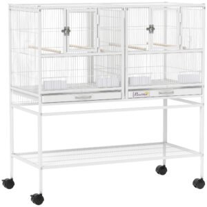 PawHut Colivie pentru Păsări Mare cu Despărțitor Roți 4 Hrănitoare 4 Tije din Lemn Raft 2 Tăvi Glisante 95x45,5x102 cm Alb | Aosom Romania
