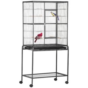 PawHut Colivie pentru Păsări Portabilă cu 4 Mânjitoare și 4 Bățuri Practică 77 x 47 x 163 cm Negru și Gri | Aosom Romania