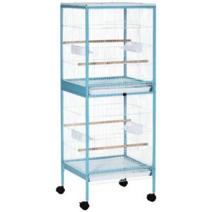 PawHut Colivie pentru Păsări, Volieră cu 4 Roți Pivotante, Tăvi Detașabile și Recipiente din Plastic, 51,5x50x140 cm, Albastru | Aosom Romania