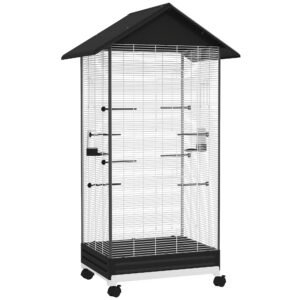 PawHut Colivie pentru Păsări, Volieră cu Tavă Detașabilă, Roți Pivotante și Hrănitoare, 79x65x155 cm, Negru | Aosom Romania