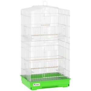 PawHut Colivie pentru Păsări Volieră din Metal cu 4 Recipiente 3 Tije Leagăn și Tavă Detașabilă Mâner 46,5x35,5x92 cm Verde | Aosom Romania