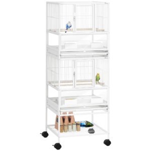 PawHut Colivie pentru Păsări cu 2 Nivele cu Panouri Acrilice Hrănitoare Purtători Roți și Etajeră Inferioară 48x46x134,5 cm Alb | Aosom Romania