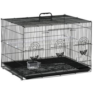 PawHut Colivie pentru Păsări cu 2 Stinghii, 3 Intrări, Tavă și 2 Recipiente pentru Hrană, 60x41x41 cm, Negru | Aosom Romania