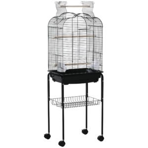 PawHut Colivie pentru Pasari cu 3 Stinghii, 2 Boluri si 2 Usi Laterale, Colivie pentru Animale din Otel, PP si Lemn, 46x36x130 cm, Neagra