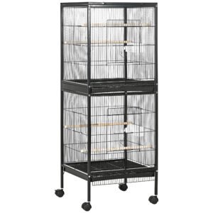 PawHut Colivie pentru Păsări cu 4 Roți Pivotante, Tăvi Detașabile și Recipiente din Plastic, 51.5x50x140 cm, Negru | Aosom Romania