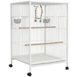 PawHut Colivie pentru Păsări cu Roți cu Hrănitoare Perchii Leagăn și Tăviță Detașabilă 48x46x78 cm Alb | Aosom Romania