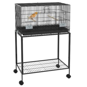 PawHut Colivie pentru Pasari cu Rotile 77x46x119 cm Cusca Metalica pentru Pasari cu Tava Detasabila 2 Suporturi 2 Hranitoare Negru | Aosom Romania