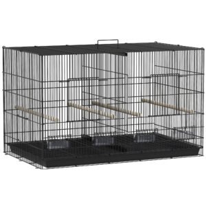 PawHut Colivie pentru Păsări cu Separator, Raft Inferior, 4 Stinghii și 4 Hrănitoare, 94x57x57 cm, Negru | Aosom Romania