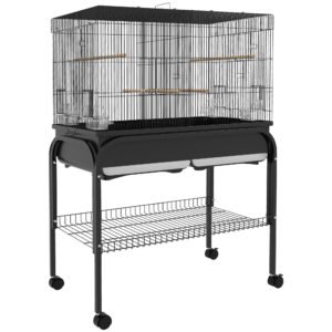 PawHut Colivie pentru Păsări de Interior cu Tăviță, Raft și Roți, Volieră din Oțel pentru Perusi, Canari, Nimfe și Papagali, Negru, 85 x 49 x 119 cm | Aosom Romania