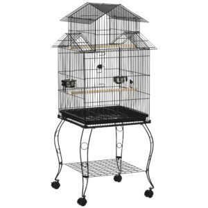 PawHut Colivie pentru Păsări din Oțel și Lemn cu Tavă Detașabilă, 4 Roți și Recipient pentru Alimente, 51,5x50x140 cm, Negru | Aosom Romania