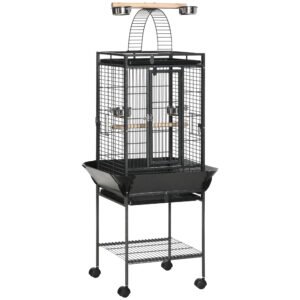 PawHut Colivie pentru Perusi cu 2 Stinghii de Lemn si Scara Acuita, Cusca pentru Pasari din Otel cu Intrari Multiple, 62.5x62.5x156 cm, Gri