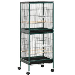 PawHut Colivie volieră de interior pentru păsări, cu roți și tăvi detașabile, 51,5x50x140 cm, verde închis | Aosom Romania