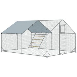 PawHut Coteț pentru Găini cu Acoperiș Impermeabil și Rezistent la UV, Hrănitor și Usă, 300x400x195 cm, Argintiu | Aosom Romania