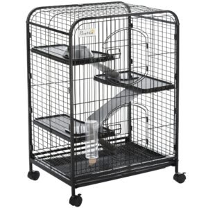 PawHut Cusca Animale Mici Rozătoare Roti 3 Rampe Platforme Bol Sticlă 61.5x44x95cm Neagră | Aosom Romania