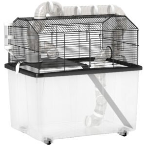 PawHut Cușcă pentru Hamsteri cu 2 Niveluri, Bază Adâncă, Roți, Tuburi, Bol, Sticlă de Apă și Rampă, 58x43x57 cm, Negru | Aosom Romania