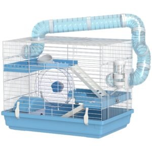 PawHut Cușcă pentru Hamsteri cu 3 Niveluri, Căsuță, Roată, Sticlă și Tuburi, 47.5x31.5x29.5 cm, Albastru | Aosom Romania