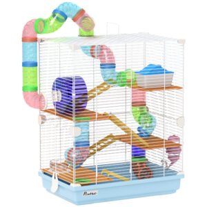 PawHut Cușcă pentru Hamsteri cu 5 Nivele, Tuburi, Rotiță, Scări, Căsuță și Sticluță, 46x30x58 cm, Albastru | Aosom Romania