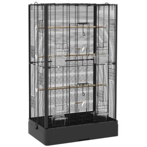 PawHut Cușcă pentru Păsări cu Tavă Detașabilă și Jucării, Volieră pentru Papagali, 61x36.5x98cm, Negru | Aosom Romania