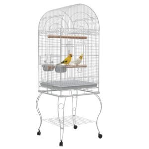 PawHut Cusca pentru pasari pe roti cu raft tava detasabila 2 boluri suport otel inoxidabil 51 x 51 x 153 cm alb | Aosom Romania