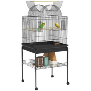 PawHut Cușcă pentru serinari & papagali, mobilă, cu raft, grilaj din metal, negru | Aosom Romania