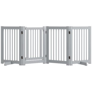 PawHut Grilă pentru câini independentă, 4 panouri, flexibilă, lemn de brad, 204L x 36A x 75Î cm, Gri deschis | Aosom Romania