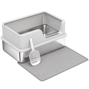 PawHut Litieră pentru Pisici xl cu Covoraș, Tavă din Oțel Inoxidabil, Lopățică, Perie, Până la 8 Kg, Gri Deschis | Aosom Romania
