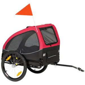 PawHut Remorcă pliabilă pentru câini cu reflectoare, ferestre din plasă, roți, ușă și steag de siguranță pentru câini până la 20 kg 138x70x89 cm Roșu | Aosom Romania