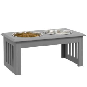 PawHut Stație de Hrană pentru Câini, 2 Boluri din Oțel Inoxidabil, antialunecare, 58,4x30,5x25,4cm, Gri | Aosom Romania