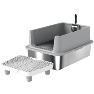 PawHut Tavă XL pentru litieră din oțel inoxidabil, Pereți laterali înalți, Pedală și covoraș filtrant, Lopată, 60,2x40,2x29,6cm, Gri | Aosom Romania