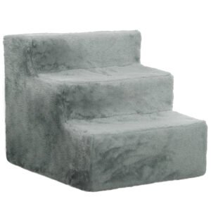 PawHut scară pentru câini cu 3 trepte, pentru câini și pisici de până la 4,5 kg, din catifea, husă detașabilă și lavabilă, gri deschis | Aosom Romania