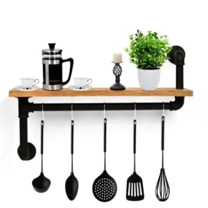 Raft stil industrial cu agatatori bucatarie Homs 50x12  nuc-negru