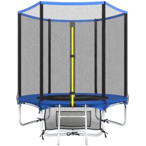 SPORTNOW Trambulină Exterior Ø183 cm Trambulină pentru copii +6 ani și adulți cu plasă de siguranță Scară cu 2 trepte Albastru | Aosom Romania
