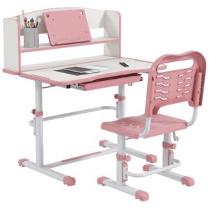 Set Birou si Scaun pentru Copii Reglabil in Inaltime cu Sertar, Raft pentru Carti, pentru 6-12 ani - Roz ZONEKIZ | Aosom Romania