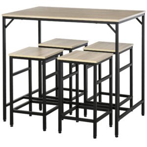 Set Masă Înaltă cu 4 Scaune HOMCOM în Stil Industrial, Metal și Lemn, Stejar Deschis, Perfect pentru Dining | Aosom România